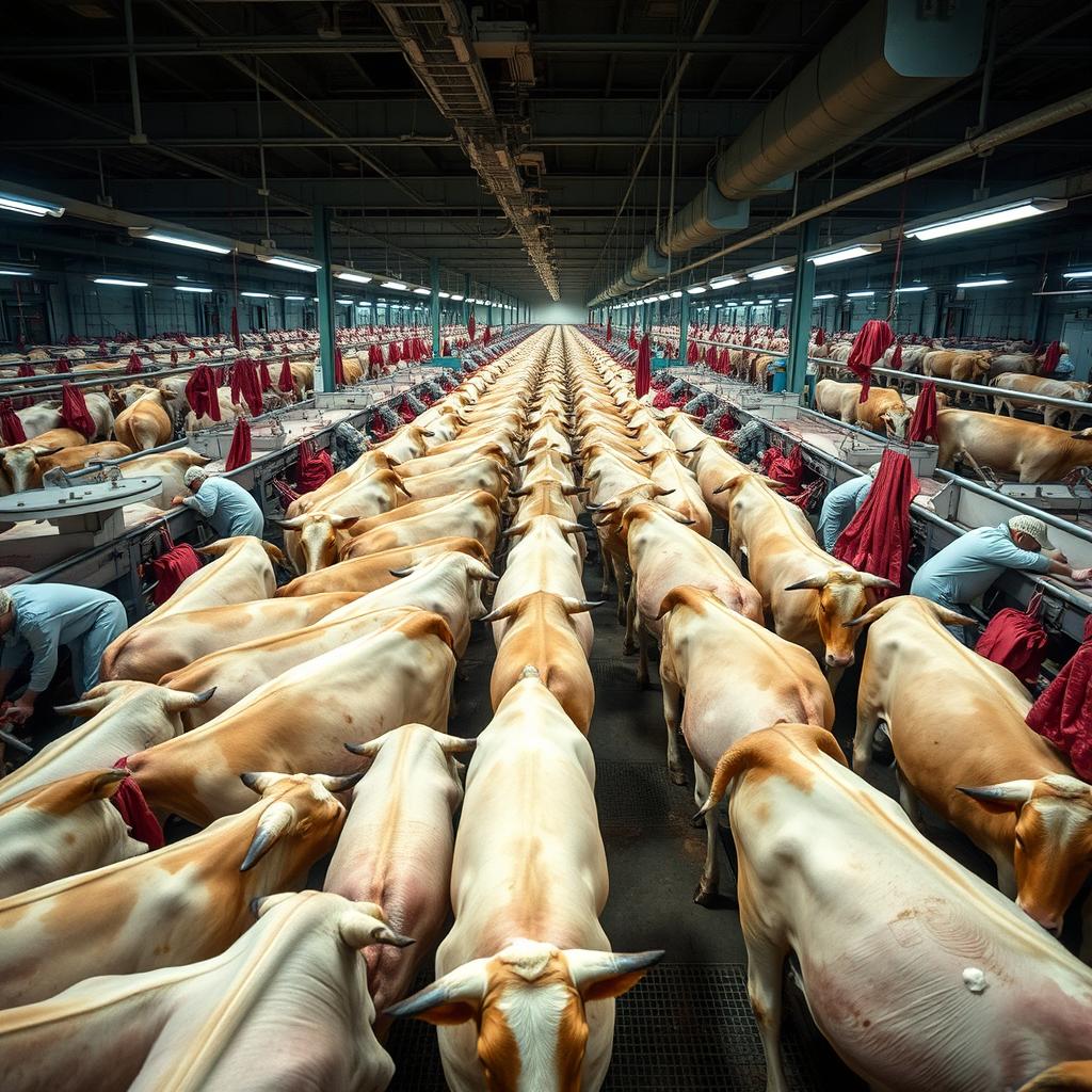 Thousands of cattle being processed in an industrial slaughterhouse