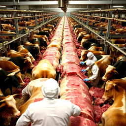 Thousands of cattle being processed in an industrial slaughterhouse