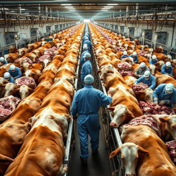 Thousands of cattle being processed in an industrial slaughterhouse