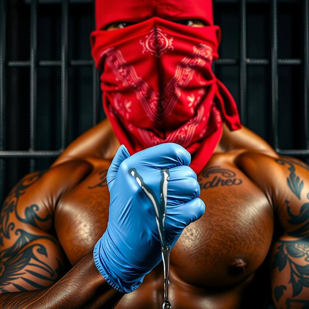 extreme close-up of a large muscular African American gang member's torso, wearing a red bandana mask covering the nose and mouth, showcasing intricate tattoos on prominent muscles