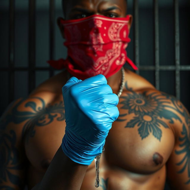 extreme close-up of a large muscular African American gang member's torso, wearing a red bandana mask covering the nose and mouth, showcasing intricate tattoos on prominent muscles