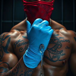 extreme close-up of a large muscular African American gang member's torso, wearing a red bandana mask covering the nose and mouth, showcasing intricate tattoos on prominent muscles