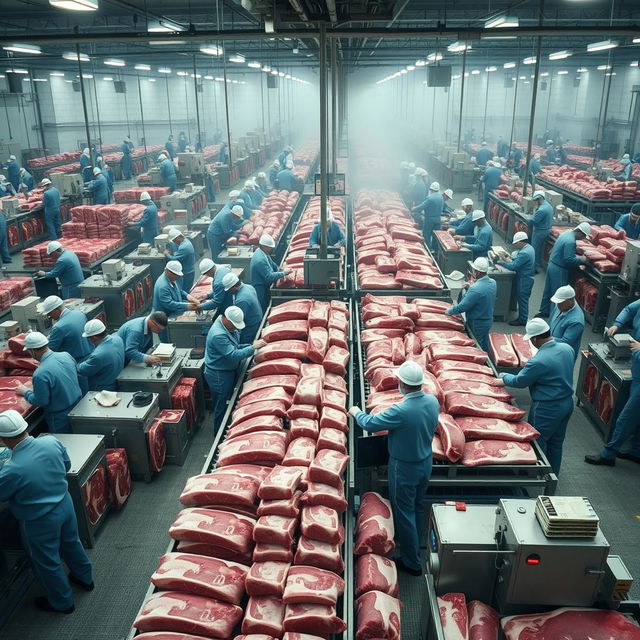 Thousands of employees working in a large meat processing plant, efficiently handling tons of beef