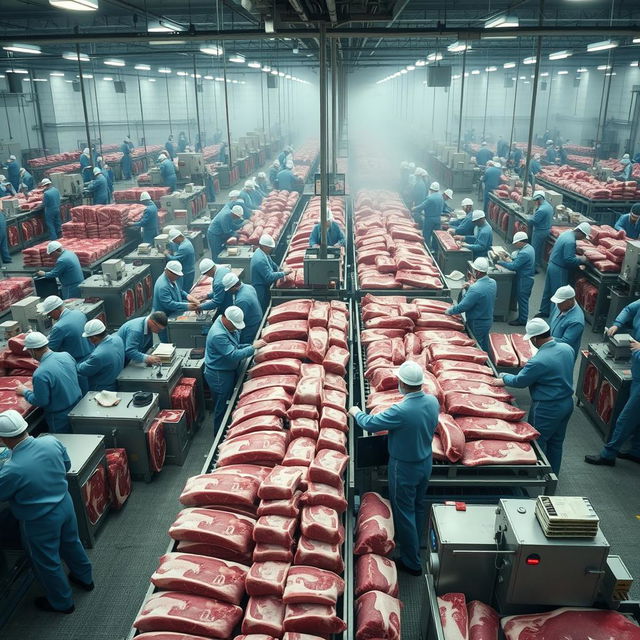 Thousands of employees working in a large meat processing plant, efficiently handling tons of beef