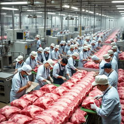 Thousands of employees working in a large meat processing plant, efficiently handling tons of beef