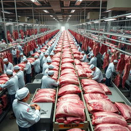 Thousands of employees working in a large meat processing plant, efficiently handling tons of beef