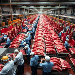 Thousands of employees working in a large meat processing plant, efficiently handling tons of beef