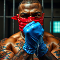 extreme close-up of a large muscular African American gang member wearing a red bandana mask over his nose and mouth, showcasing detailed tattoos on his torso