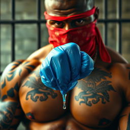 extreme close-up of a large muscular African American gang member wearing a red bandana mask over his nose and mouth, showcasing detailed tattoos on his torso