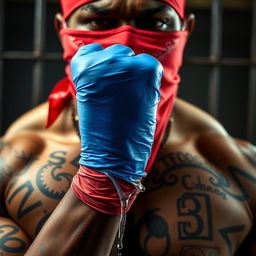 extreme close-up of a large muscular African American gang member wearing a red bandana mask over his nose and mouth, showcasing detailed tattoos on his torso