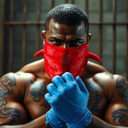 extreme close-up of a large muscular African American gang member wearing a red bandana mask over his nose and mouth, showcasing detailed tattoos on his torso