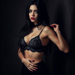 A gothic, sexy girl in a captivating, realistic portrait with minimal clothing, embodying a dark and alluring aesthetic