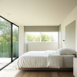 A modern, spacious bedroom with sleek furniture, neutral tones, natural light streaming through large windows, and minimal decoration.