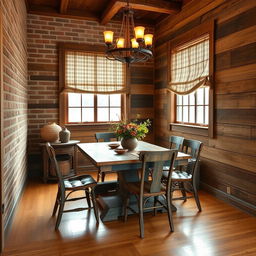 A quaint 8x8 dining room designed in a rustic style