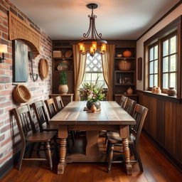 A quaint 8x8 dining room designed in a rustic style