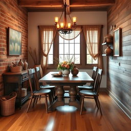 A quaint 8x8 dining room designed in a rustic style