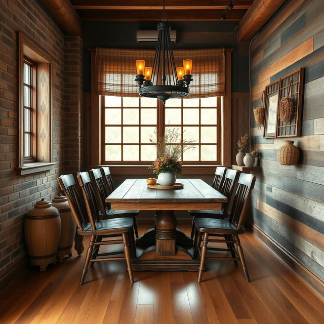 A quaint 8x8 dining room designed in a rustic style