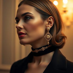 A woman wearing a stylish choker on her neck and elegant gold earrings