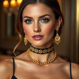 A woman wearing a stylish choker on her neck and elegant gold earrings