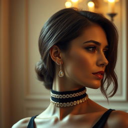 A woman wearing a stylish choker on her neck and elegant gold earrings