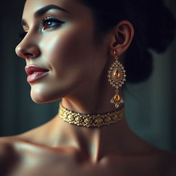 A woman wearing a stylish choker on her neck and elegant gold earrings