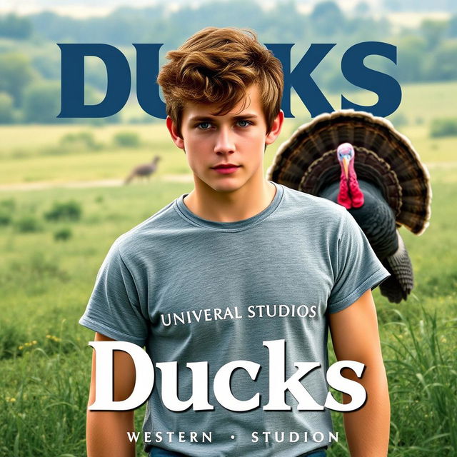 Universal Studios movie poster titled "Ducks" featuring a young man with his face obscured, wearing a grey short-sleeve t-shirt and blue jeans