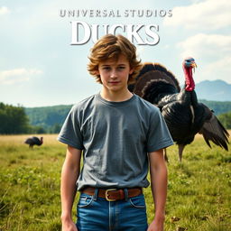 Universal Studios movie poster titled "Ducks" featuring a young man with his face obscured, wearing a grey short-sleeve t-shirt and blue jeans