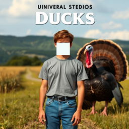 Universal Studios movie poster titled "Ducks" featuring a young man with his face obscured, wearing a grey short-sleeve t-shirt and blue jeans