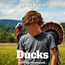 Universal Studios movie poster titled "Ducks" featuring a young man with his face obscured, wearing a grey short-sleeve t-shirt and blue jeans