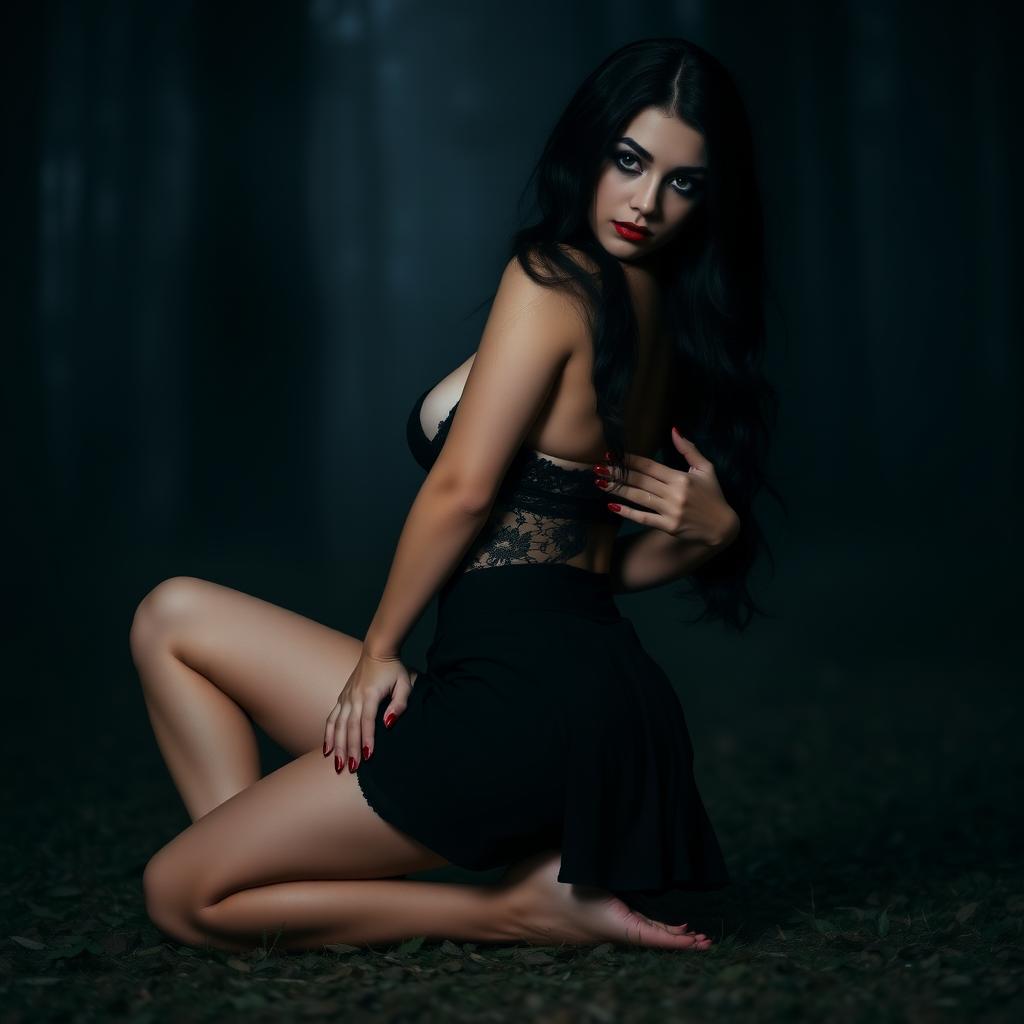 A gothic, sexy girl kneeling gracefully in a dark forest