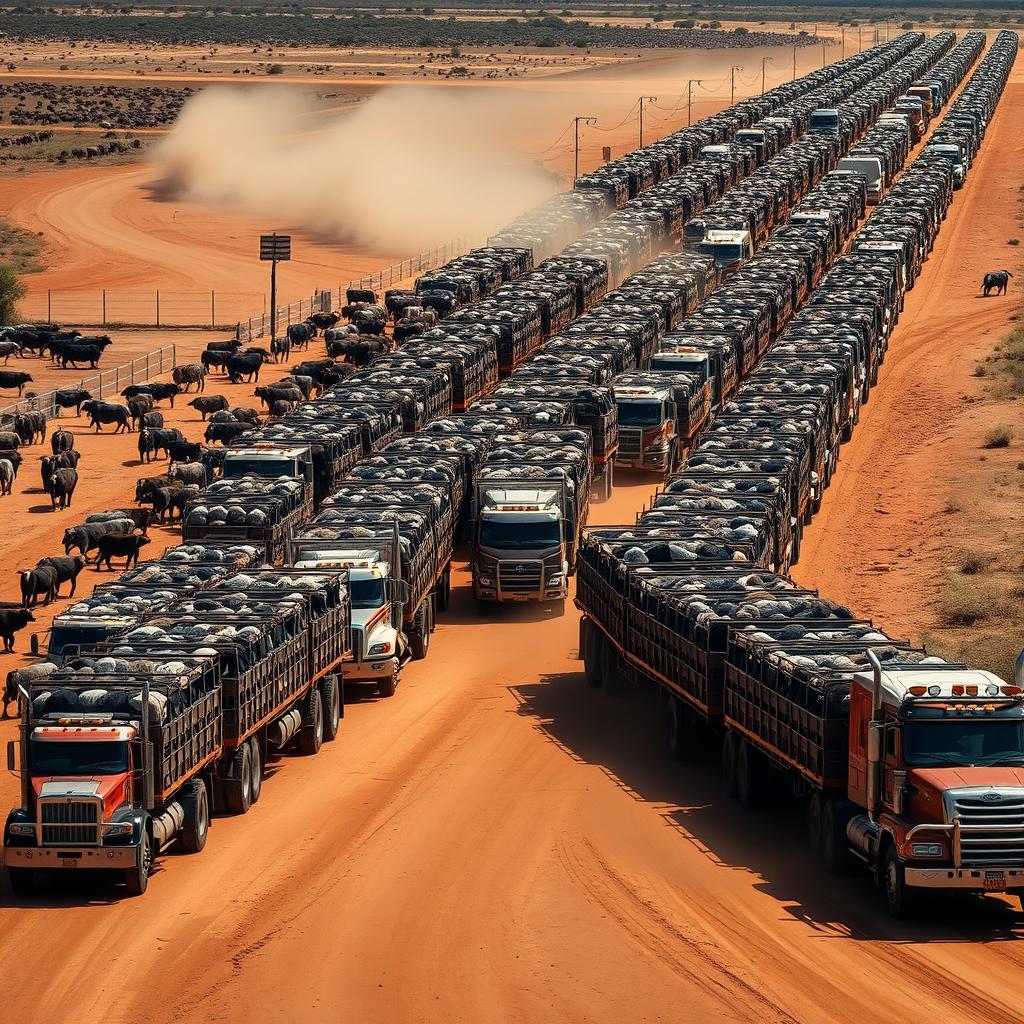 Hundreds of Australian cattle trucks transporting thousands of cattle from a feedlot