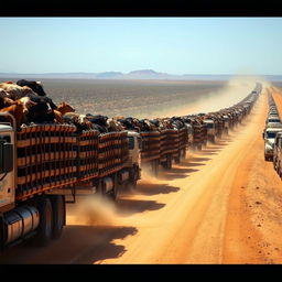 Hundreds of Australian cattle trucks transporting thousands of cattle from a feedlot