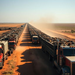 Hundreds of Australian cattle trucks transporting thousands of cattle from a feedlot