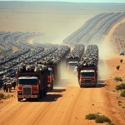 Hundreds of Australian cattle trucks transporting thousands of cattle from a feedlot