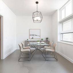 A sleek 8x8 dining room designed in a minimalist modern style