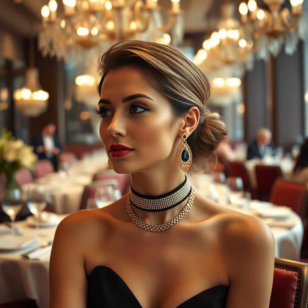 A European-looking woman with a stylish choker on her neck and exquisite gold earrings, sitting elegantly at a restaurant