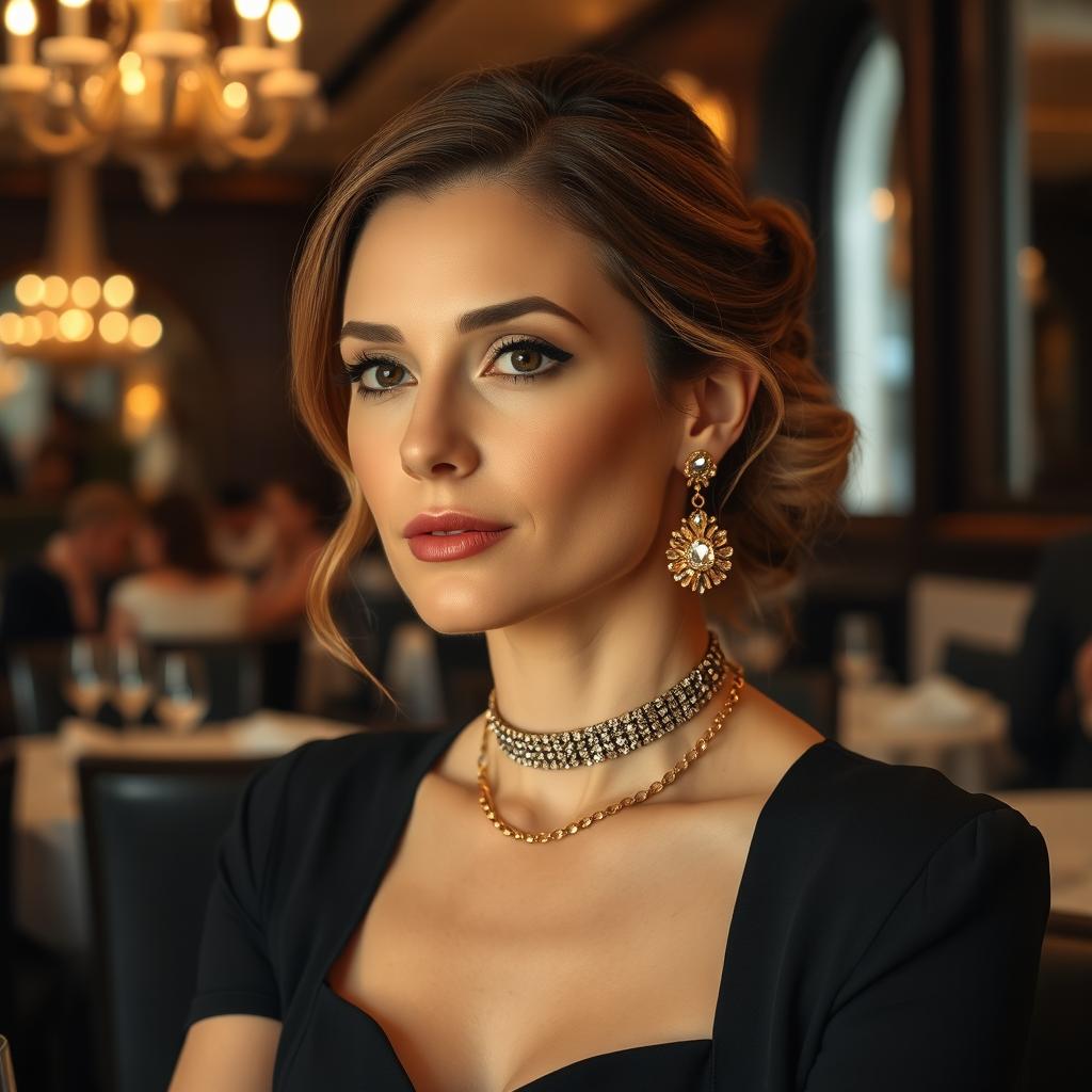 A European-looking woman with a stylish choker on her neck and exquisite gold earrings, sitting elegantly at a restaurant