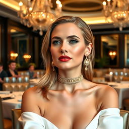 A European-looking woman with a stylish choker on her neck and exquisite gold earrings, sitting elegantly at a restaurant