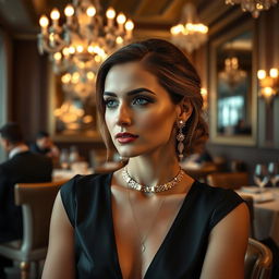 A European-looking woman with a stylish choker on her neck and exquisite gold earrings, sitting elegantly at a restaurant