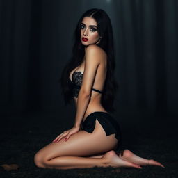 A gothic, sexy girl kneeling gracefully in a dark forest