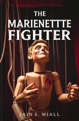 A captivating book cover for "The Marionette Fighter" featuring a male puppet in a lifelike form