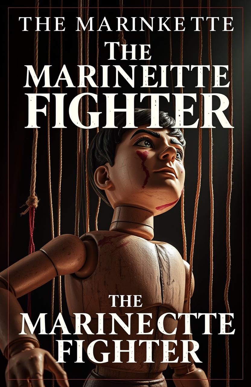 A captivating book cover for "The Marionette Fighter" featuring a male puppet in a lifelike form