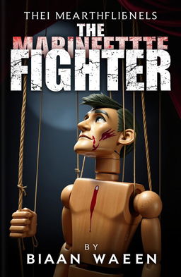 A captivating book cover for "The Marionette Fighter" featuring a male puppet in a lifelike form