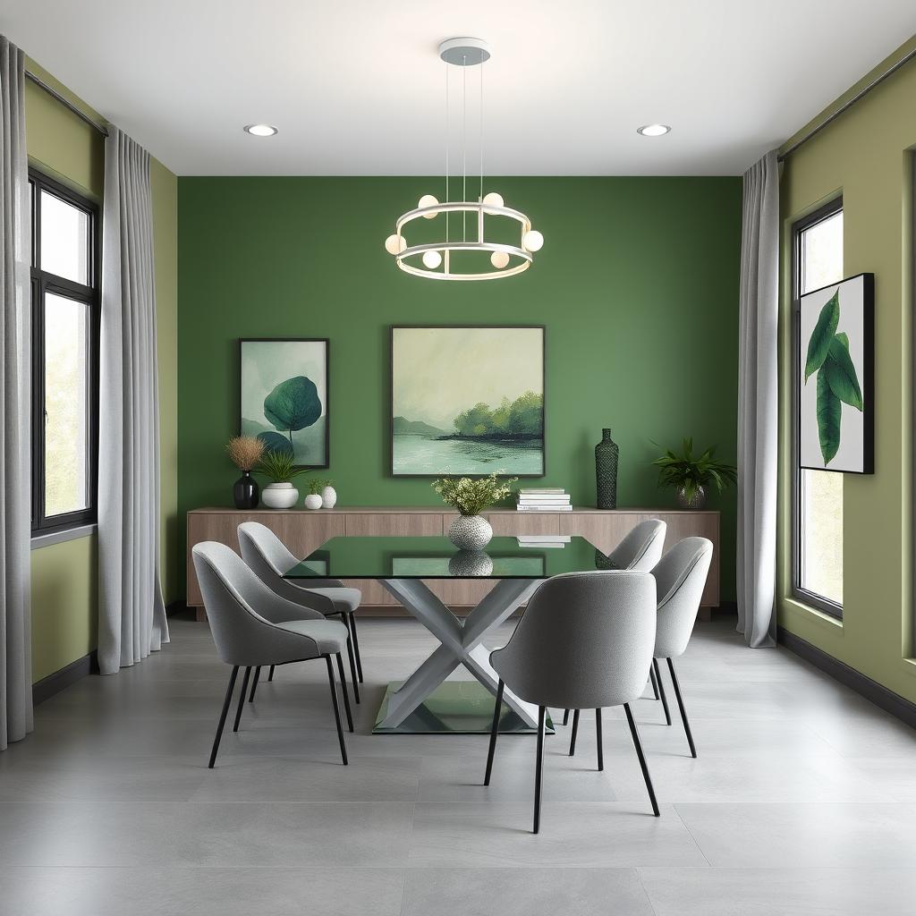 An 8x8 dining room designed in a modern style using a palette of greens and grays