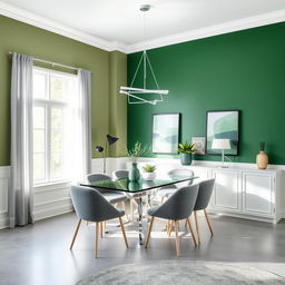 An 8x8 dining room designed in a modern style using a palette of greens and grays