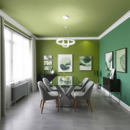 An 8x8 dining room designed in a modern style using a palette of greens and grays