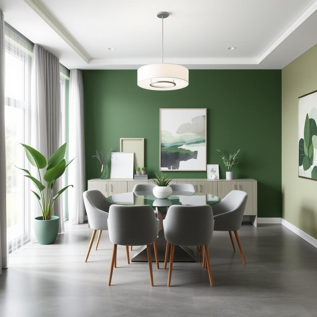 An 8x8 dining room designed in a modern style using a palette of greens and grays