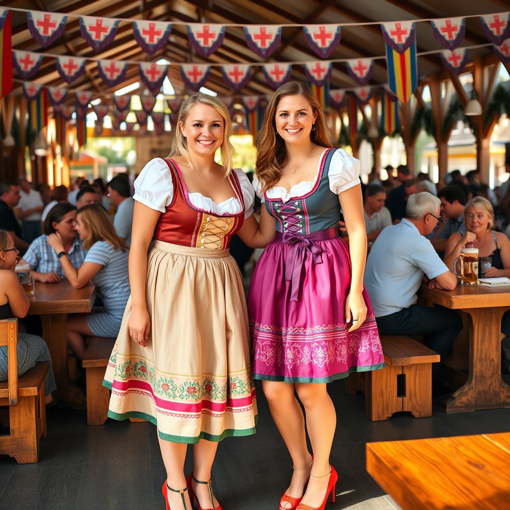 Two German women wearing traditional Dirndl dresses paired with high heels, standing together at an Oktoberfest event