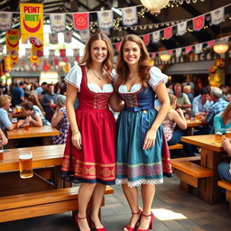 Two German women wearing traditional Dirndl dresses paired with high heels, standing together at an Oktoberfest event