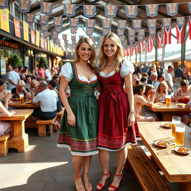 Two German women wearing traditional Dirndl dresses paired with high heels, standing together at an Oktoberfest event